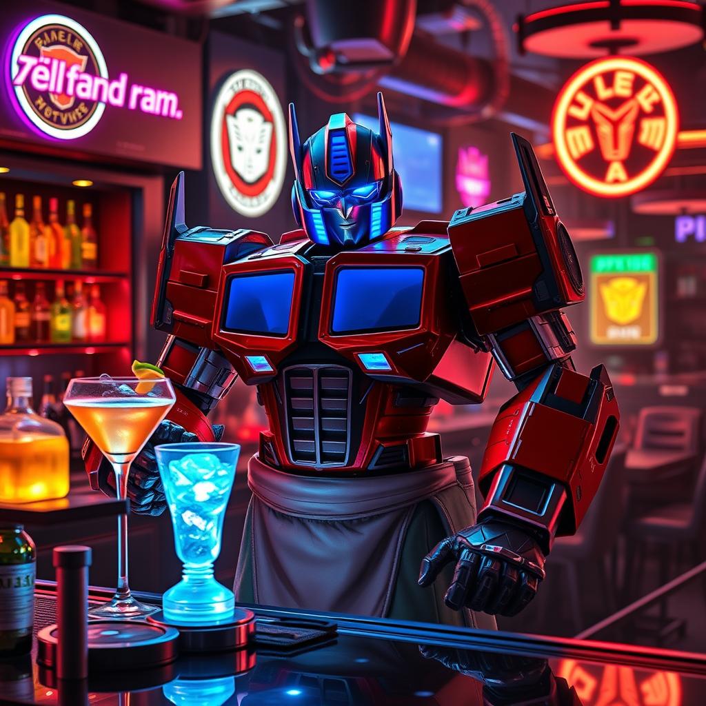 Optimus Prime reimagined as a charismatic bartender in a futuristic cyberpunk bar