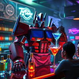 Optimus Prime reimagined as a charismatic bartender in a futuristic cyberpunk bar