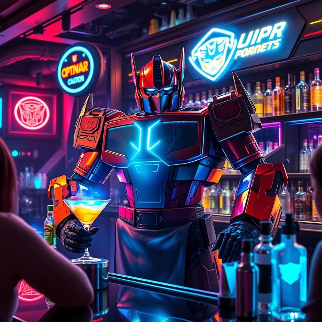 Optimus Prime reimagined as a charismatic bartender in a futuristic cyberpunk bar