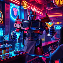 Optimus Prime reimagined as a charismatic bartender in a futuristic cyberpunk bar