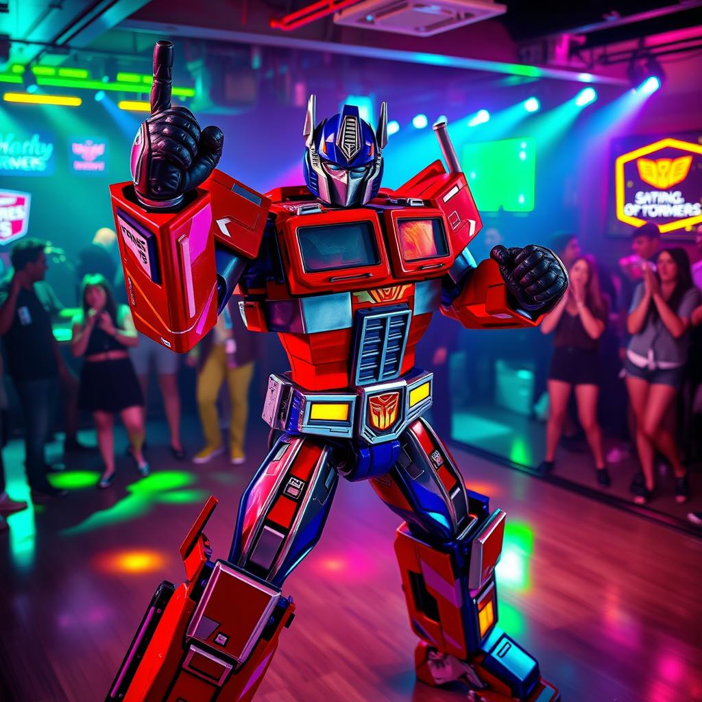 Optimus Prime reimagined as a confident and charismatic performer in a vibrant nightclub setting