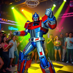 Optimus Prime reimagined as a confident and charismatic performer in a vibrant nightclub setting