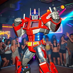 Optimus Prime reimagined as a confident and charismatic performer in a vibrant nightclub setting