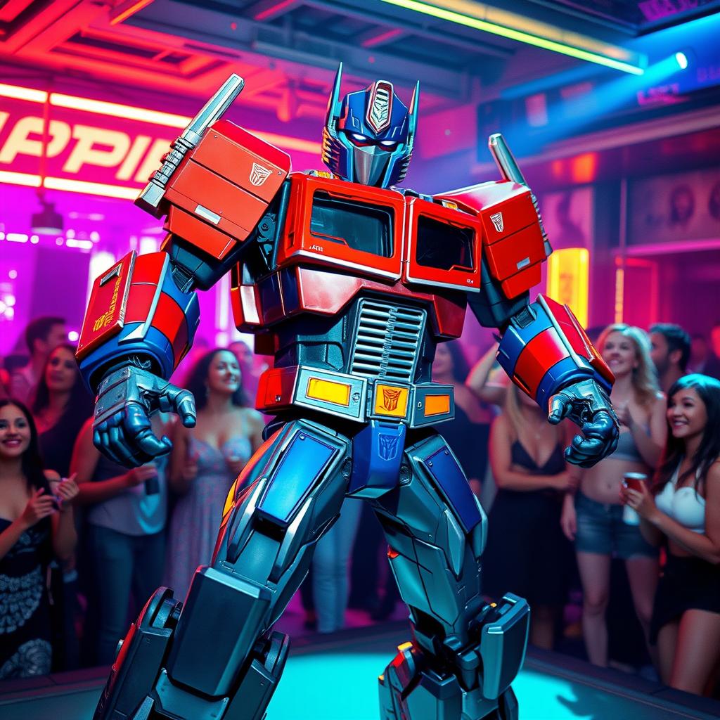 Optimus Prime reimagined as a confident and charismatic performer in a vibrant nightclub setting