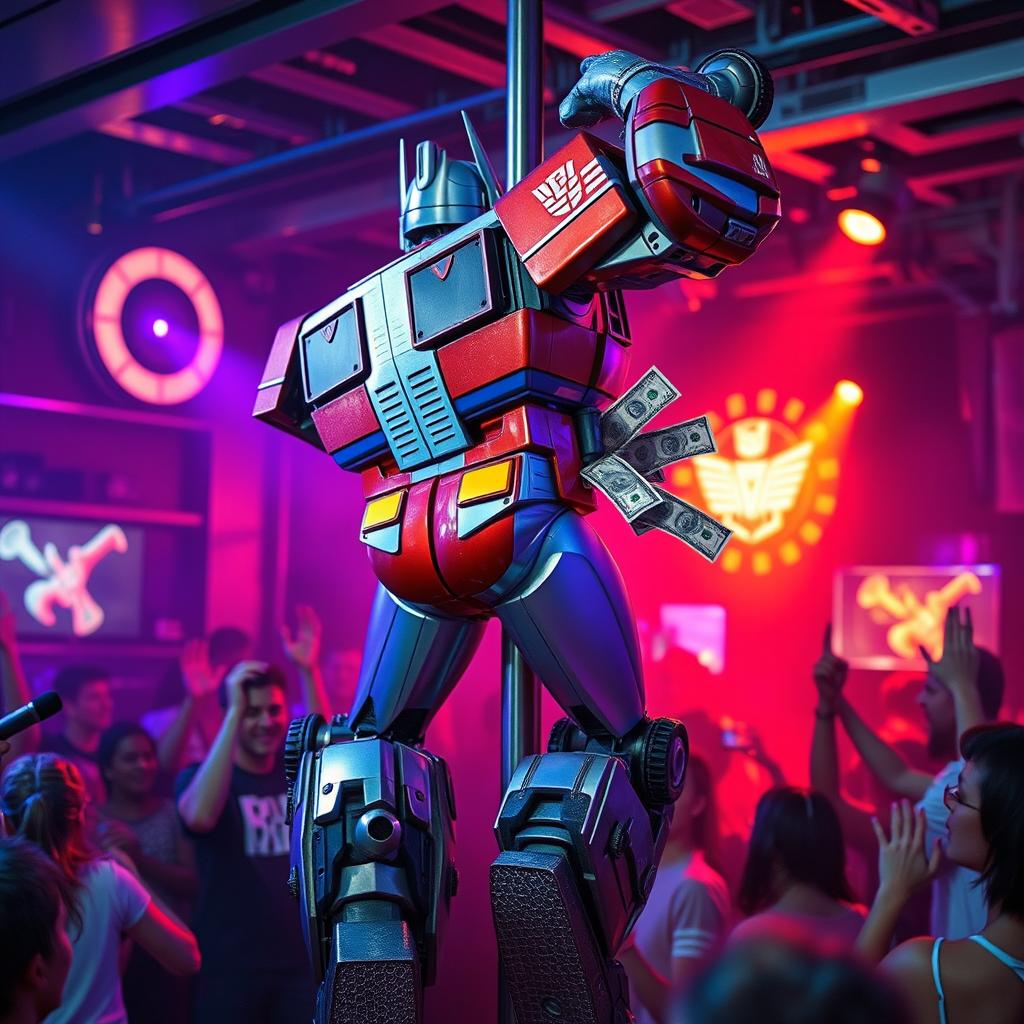 A humorous and playful scene featuring Optimus Prime as a performer dancing on a pole in a vibrant nightclub atmosphere