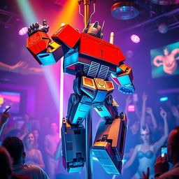 A humorous and playful scene featuring Optimus Prime as a performer dancing on a pole in a vibrant nightclub atmosphere