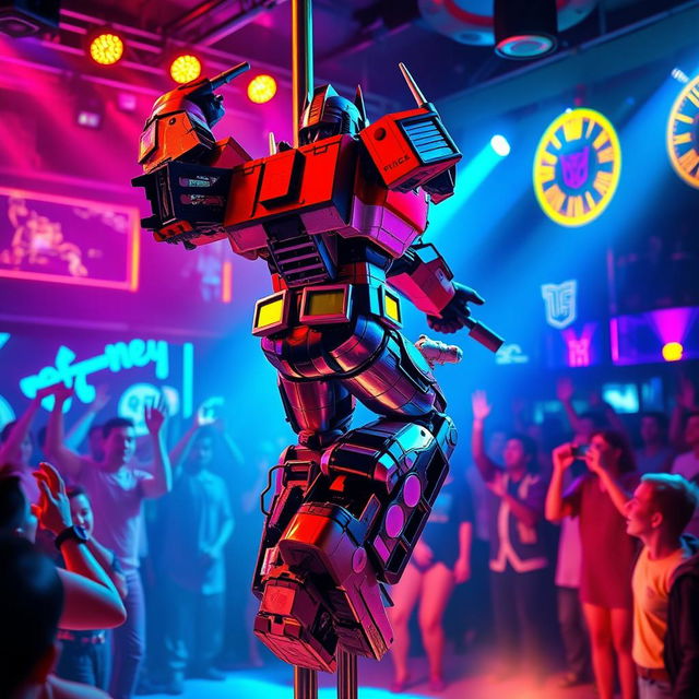 A humorous and playful scene featuring Optimus Prime as a performer dancing on a pole in a vibrant nightclub atmosphere