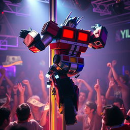 A humorous and playful scene featuring Optimus Prime as a performer dancing on a pole in a vibrant nightclub atmosphere