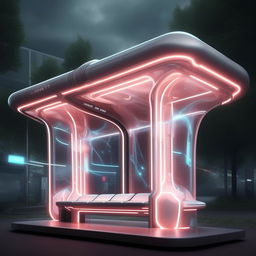 A captivating supernatural yet super beautiful futurist bus stop, rich in advanced technology and ethereal elements.