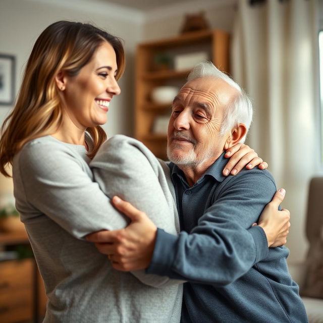 A joyful daughter in her 30s or 40s, with a bright smile, lovingly embraces her elderly father who has just returned home after a hospital stay