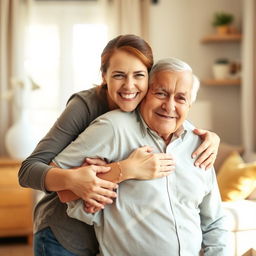 A joyful daughter in her 30s or 40s, with a bright smile, lovingly embraces her elderly father who has just returned home after a hospital stay