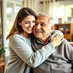 A joyful daughter in her 30s or 40s, with a bright smile, lovingly embraces her elderly father who has just returned home after a hospital stay