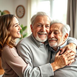 A joyful daughter in her 30s or 40s, with a bright smile, lovingly embraces her elderly father who has just returned home after a hospital stay