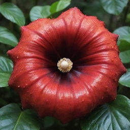 An image of the world's largest flower, the Rafflesia arnoldii. With its vibrant red and orange petals, speckled with creamy white spots, this giant blossom spans across the frame, a stunning testament to nature's extravagance.