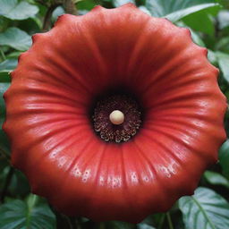 An image of the world's largest flower, the Rafflesia arnoldii. With its vibrant red and orange petals, speckled with creamy white spots, this giant blossom spans across the frame, a stunning testament to nature's extravagance.