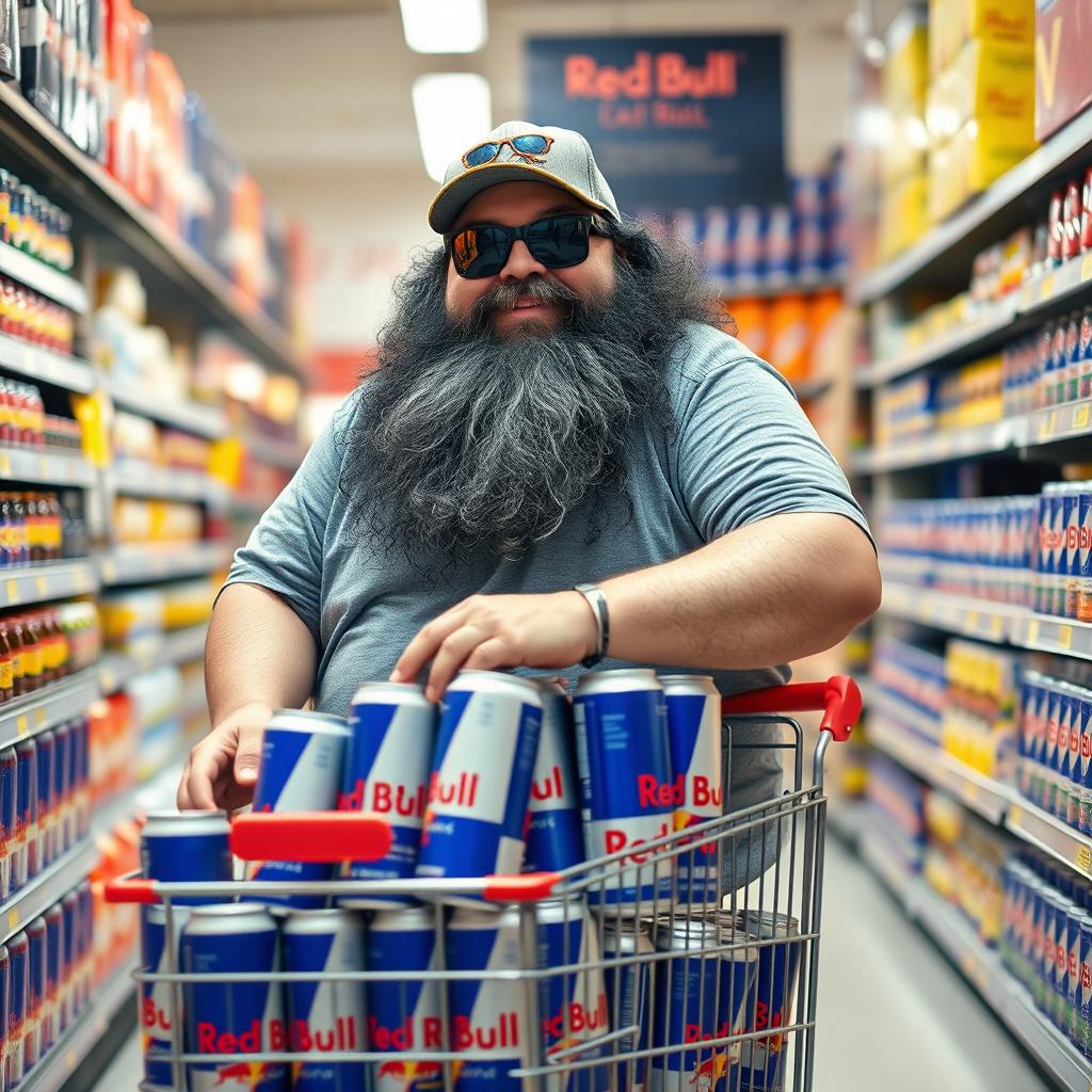 A jovial fat man, wearing a stylish baseball cap and sunglasses, sports a large black and gray beard