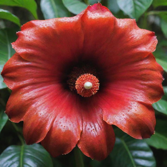 An image of the world's largest flower, the Rafflesia arnoldii. With its vibrant red and orange petals, speckled with creamy white spots, this giant blossom spans across the frame, a stunning testament to nature's extravagance.