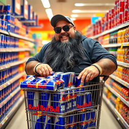 A jovial fat man, wearing a stylish baseball cap and sunglasses, sports a large black and gray beard