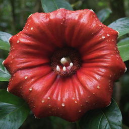 An image of the world's largest flower, the Rafflesia arnoldii. With its vibrant red and orange petals, speckled with creamy white spots, this giant blossom spans across the frame, a stunning testament to nature's extravagance.