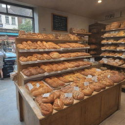 A quaint bakery stand nestled within a bustling market hall, displaying an array of delicious, freshly baked breads and pastries.