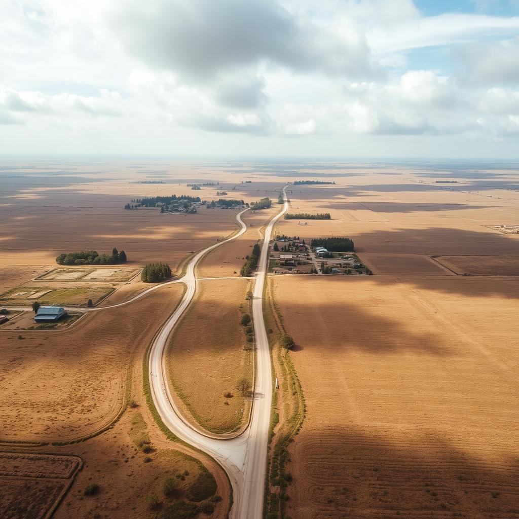 Aerial view of the Volgograd region in Russia, capturing the vastness of the landscape characterized by poor roads and underdeveloped infrastructure