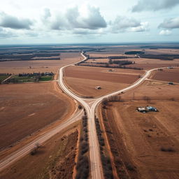 Aerial view of the Volgograd region in Russia, capturing the vastness of the landscape characterized by poor roads and underdeveloped infrastructure