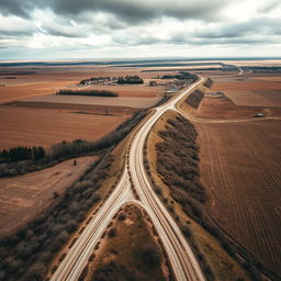 Aerial view of the Volgograd region in Russia, capturing the vastness of the landscape characterized by poor roads and underdeveloped infrastructure