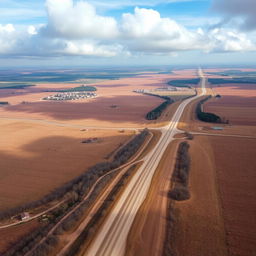 Aerial view of the Volgograd region in Russia, capturing the vastness of the landscape characterized by poor roads and underdeveloped infrastructure