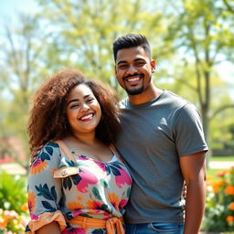 A young couple, featuring a plus-size girl and her supportive boyfriend, both smiling joyfully