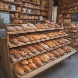 A quaint bakery stand nestled within a bustling market hall, displaying an array of delicious, freshly baked breads and pastries.