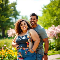 A young couple, featuring a plus-size girl and her supportive boyfriend, both smiling joyfully