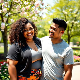 A young couple, featuring a plus-size girl and her supportive boyfriend, both smiling joyfully