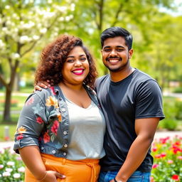 A young couple, featuring a plus-size girl and her supportive boyfriend, both smiling joyfully