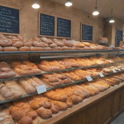 A quaint bakery stand nestled within a bustling market hall, displaying an array of delicious, freshly baked breads and pastries.