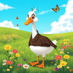 A whimsical and cartoonish goose wearing a stylish vest, with one prominent eye, standing proudly in a vibrant green meadow dotted with colorful wildflowers