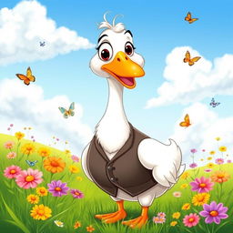 A whimsical and cartoonish goose wearing a stylish vest, with one prominent eye, standing proudly in a vibrant green meadow dotted with colorful wildflowers