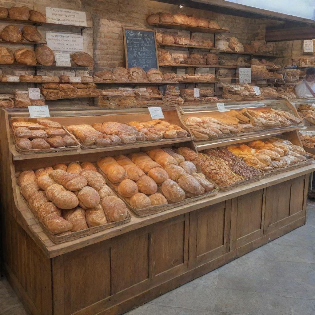 A quaint bakery stand nestled within a bustling market hall, displaying an array of delicious, freshly baked breads and pastries.