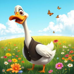 A whimsical and cartoonish goose wearing a stylish vest, with one prominent eye, standing proudly in a vibrant green meadow dotted with colorful wildflowers