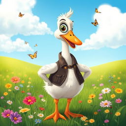 A whimsical and cartoonish goose wearing a stylish vest, with one prominent eye, standing proudly in a vibrant green meadow dotted with colorful wildflowers