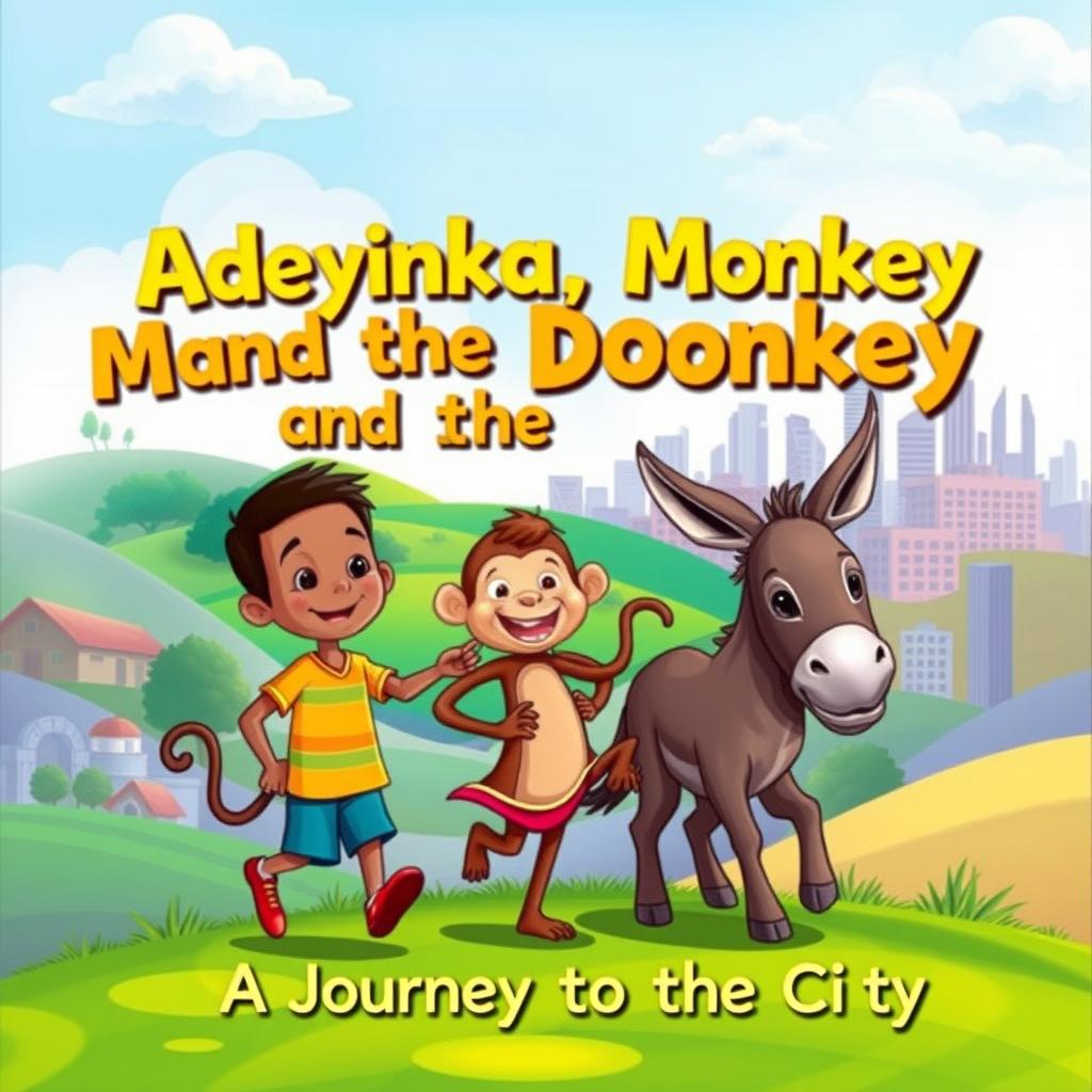 A whimsical and colorful book cover design illustrating the characters Adeyinka, a young boy, along with a cheerful monkey and a friendly donkey