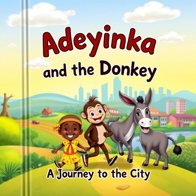 A whimsical and colorful book cover design illustrating the characters Adeyinka, a young boy, along with a cheerful monkey and a friendly donkey