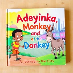 A whimsical and colorful book cover design illustrating the characters Adeyinka, a young boy, along with a cheerful monkey and a friendly donkey