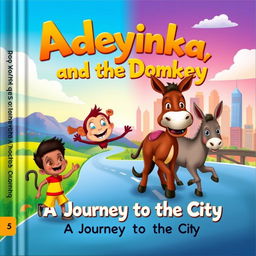 A whimsical and colorful book cover design illustrating the characters Adeyinka, a young boy, along with a cheerful monkey and a friendly donkey