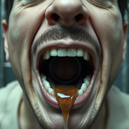 An extreme close-up of a scared white man's mouth, featuring dark hair and an expression of fear