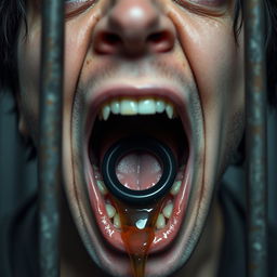 An extreme close-up of a scared white man's mouth, featuring dark hair and an expression of fear