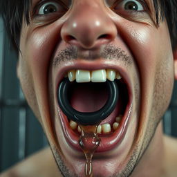 An extreme close-up of a scared white man's mouth, featuring dark hair and an expression of fear