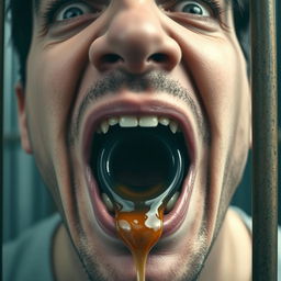 An extreme close-up of a scared white man's mouth, featuring dark hair and an expression of fear