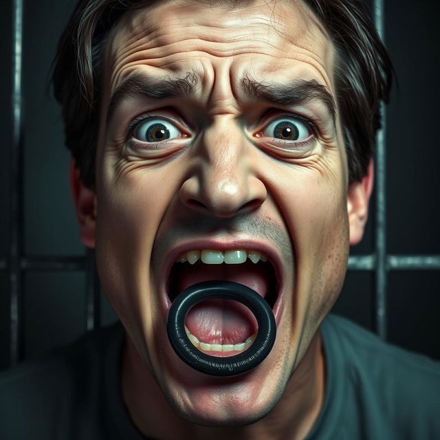 An extreme close-up of a terrified white man's face, featuring his mouth in an 'O' shape, wide open in fear