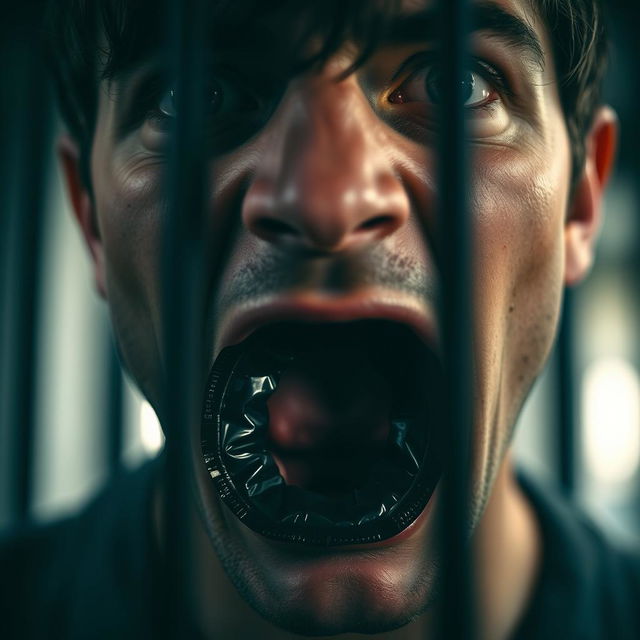 An extreme close-up of a scared white man's mouth, with dark hair, his lips forming an 'O' shape as he holds a black condom between them