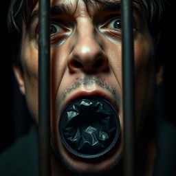 An extreme close-up of a scared white man's mouth, with dark hair, his lips forming an 'O' shape as he holds a black condom between them